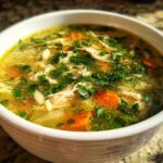 A close-up of a bowl of Lemon Chicken Orzo Soup, filled with tender chicken, orzo pasta, carrots, and fresh herbs.