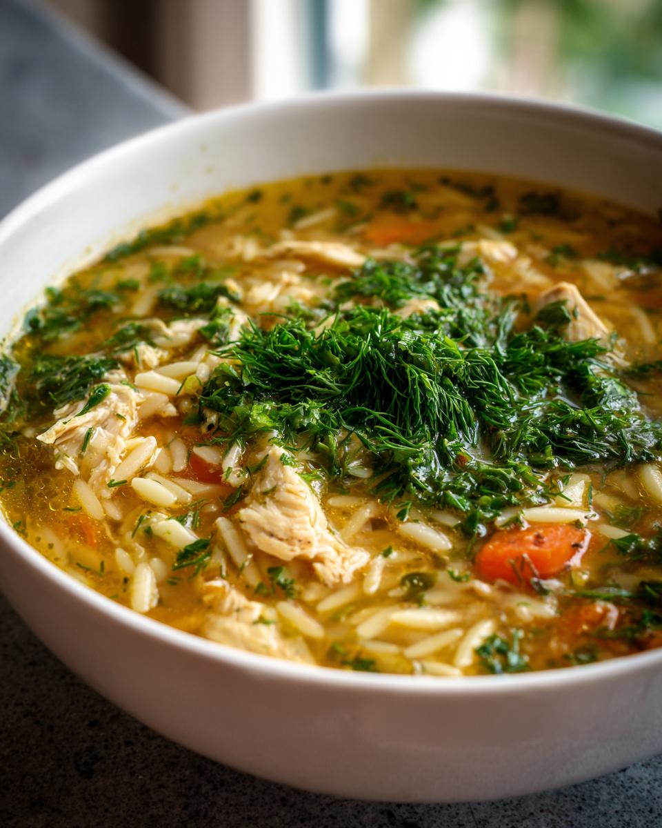 A close-up of a white bowl filled with Lemon Chicken Orzo Soup, topped with fresh dill and parsley.