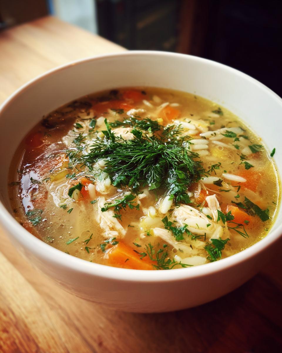 A close-up of a bowl of Lemon Chicken Orzo Soup With Fresh Herbs, featuring shredded chicken, orzo pasta, carrots, and fresh dill.