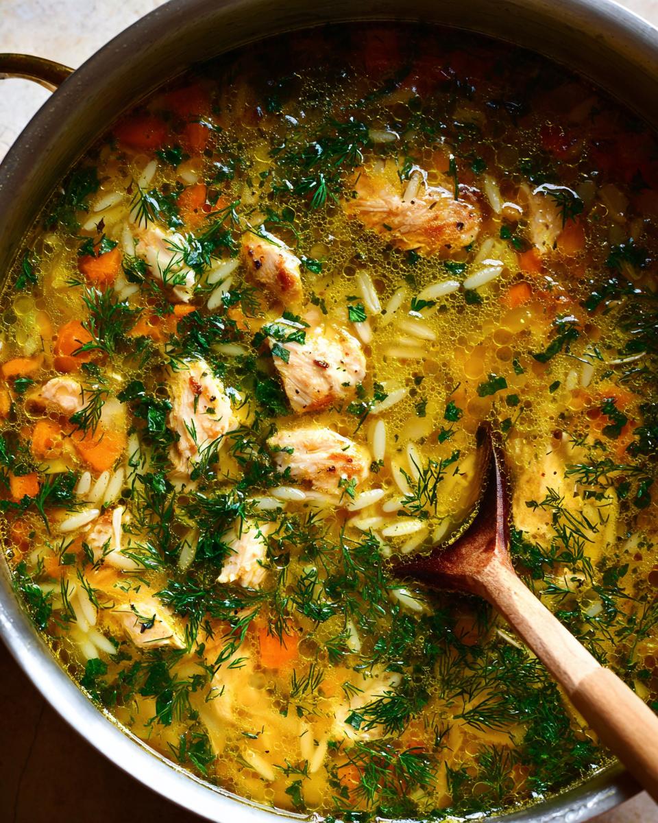 A close-up overhead view of a pot of Lemon Chicken Orzo Soup with fresh herbs, chicken pieces, carrots, and orzo pasta.