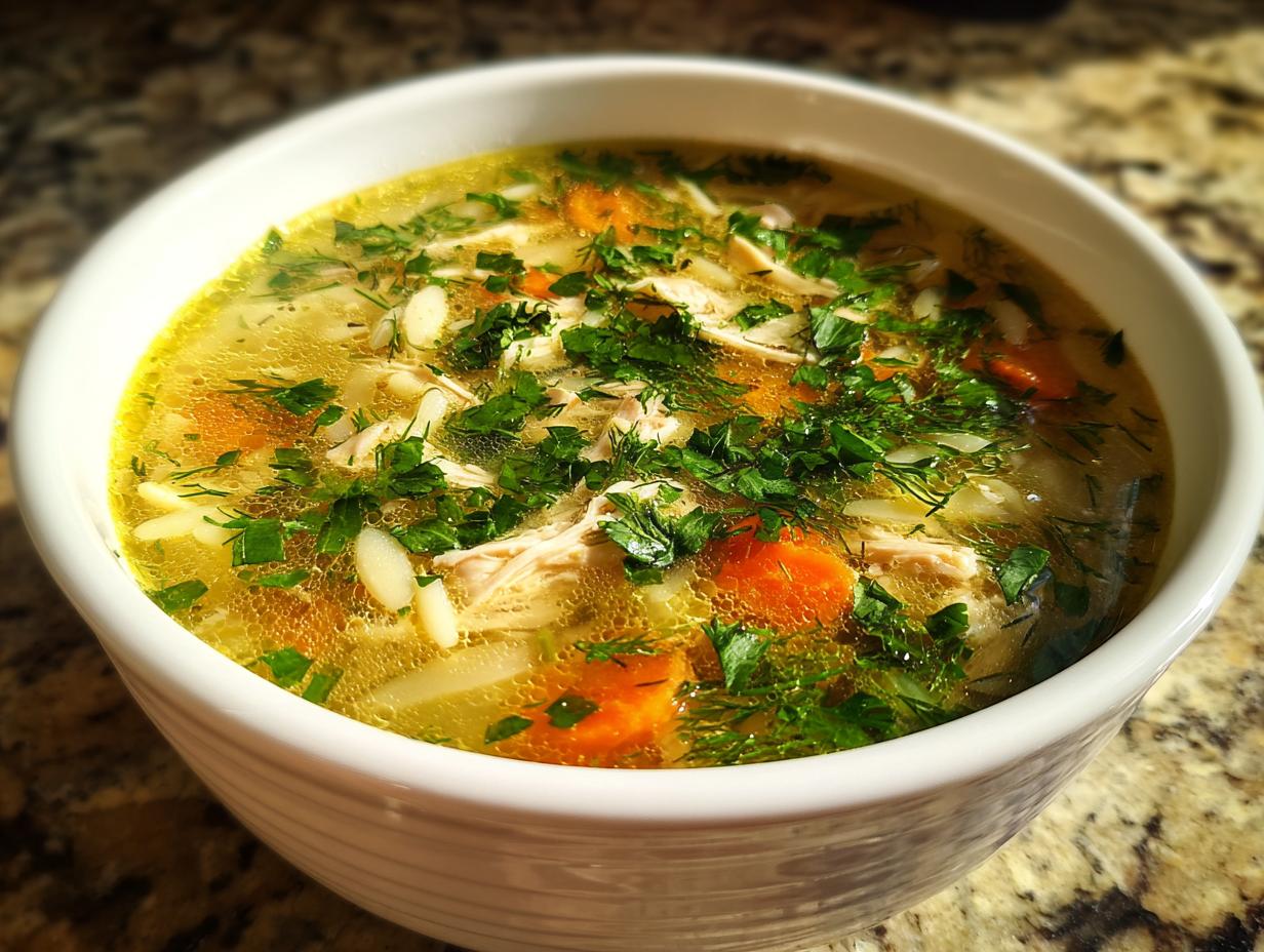 A close-up of a bowl of Lemon Chicken Orzo Soup, filled with tender chicken, orzo pasta, carrots, and fresh herbs.