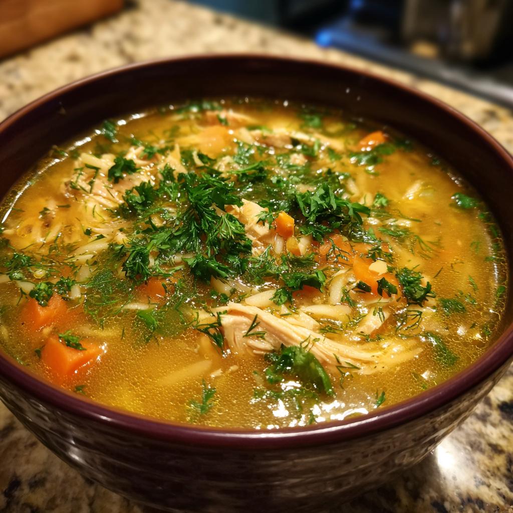 A steaming bowl of Lemon Chicken Orzo Soup, filled with shredded chicken, orzo pasta, carrots, and fresh herbs.