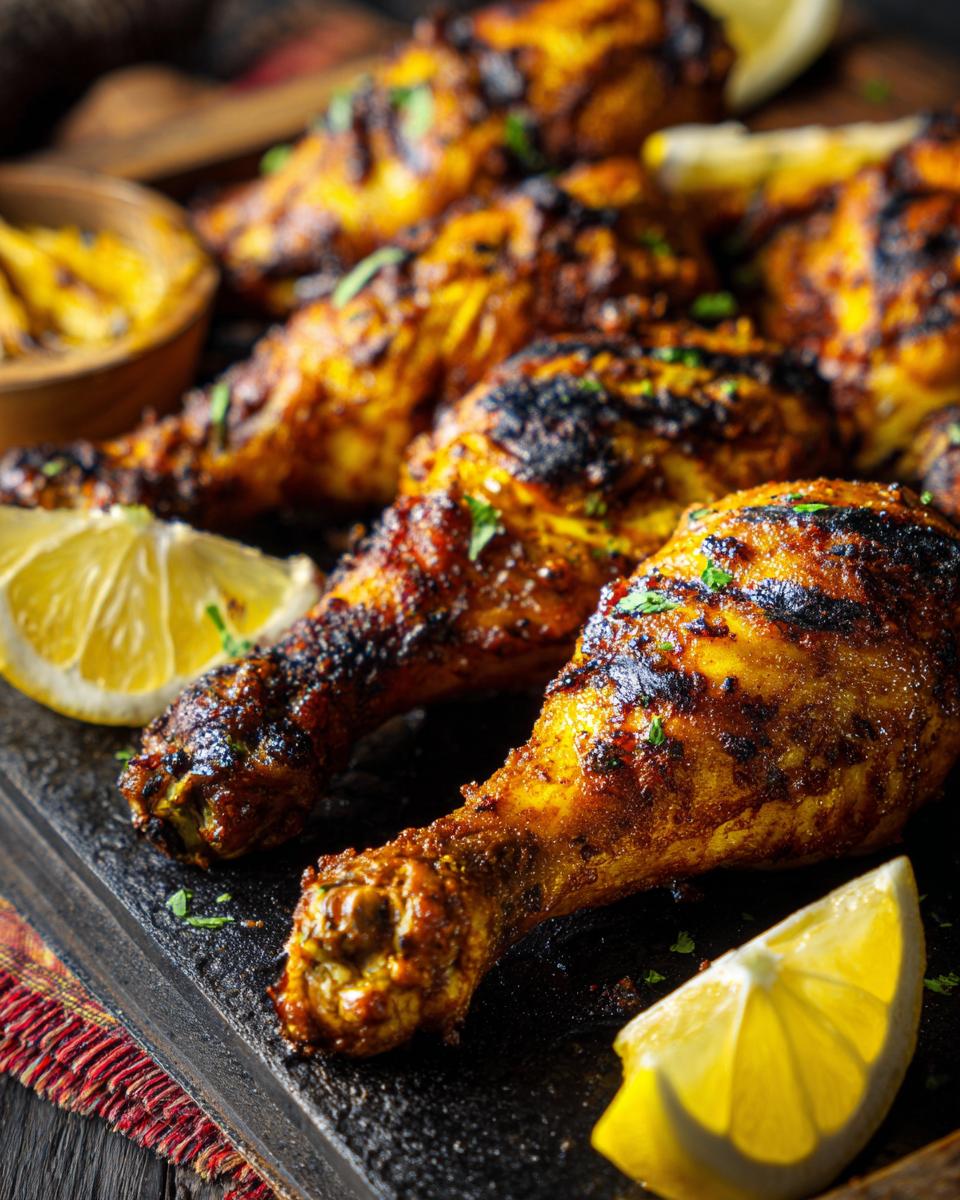 Close-up of grilled lemon garlic drumsticks with char marks, garnished with lemon wedges and parsley.
