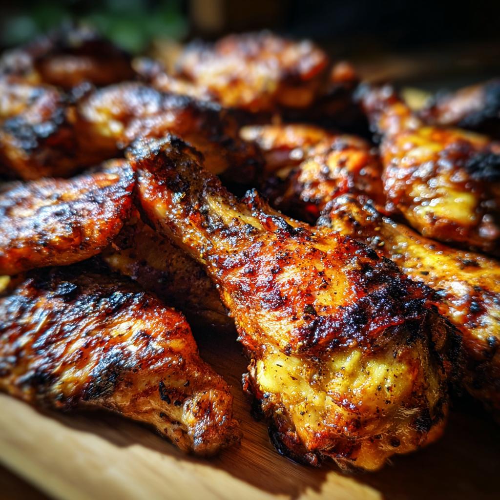 Close-up of perfectly grilled lemon garlic drumsticks with crispy skin and char marks, ready for a cookout.
