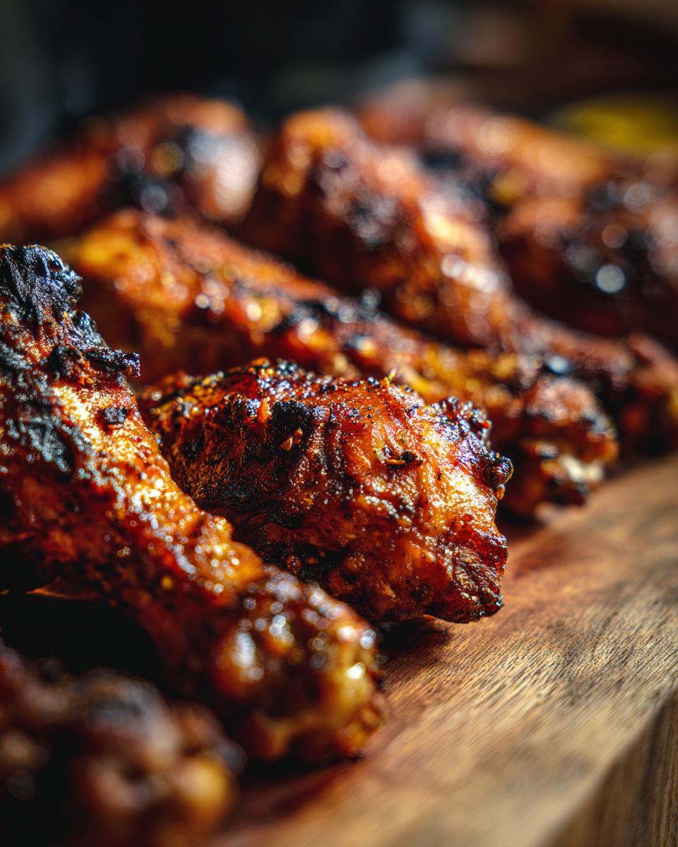 Close-up of perfectly grilled lemon garlic drumsticks, showcasing crispy skin and juicy meat on a wooden board.