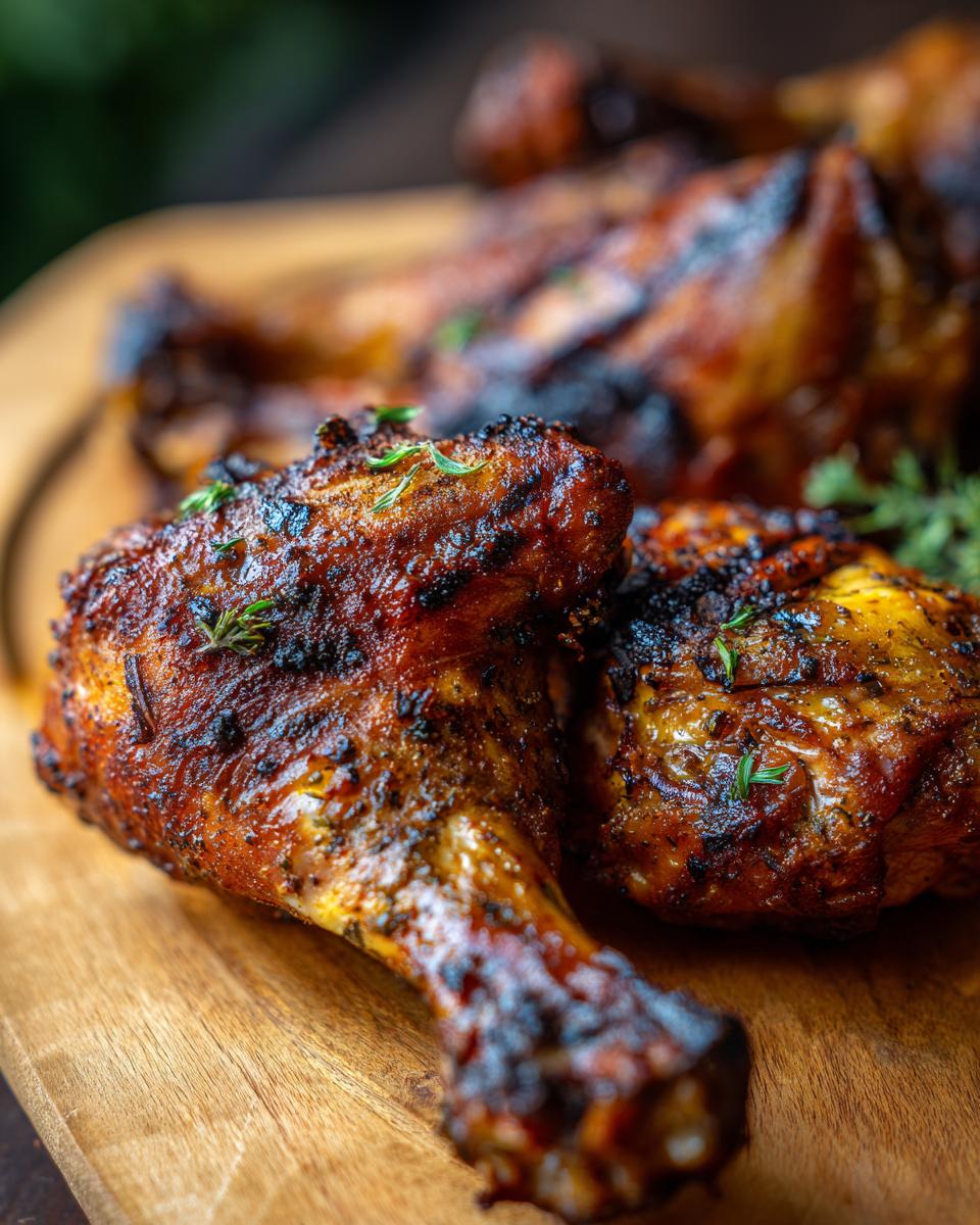 Close-up of perfectly grilled lemon garlic drumsticks with a crispy, browned skin, garnished with fresh herbs.