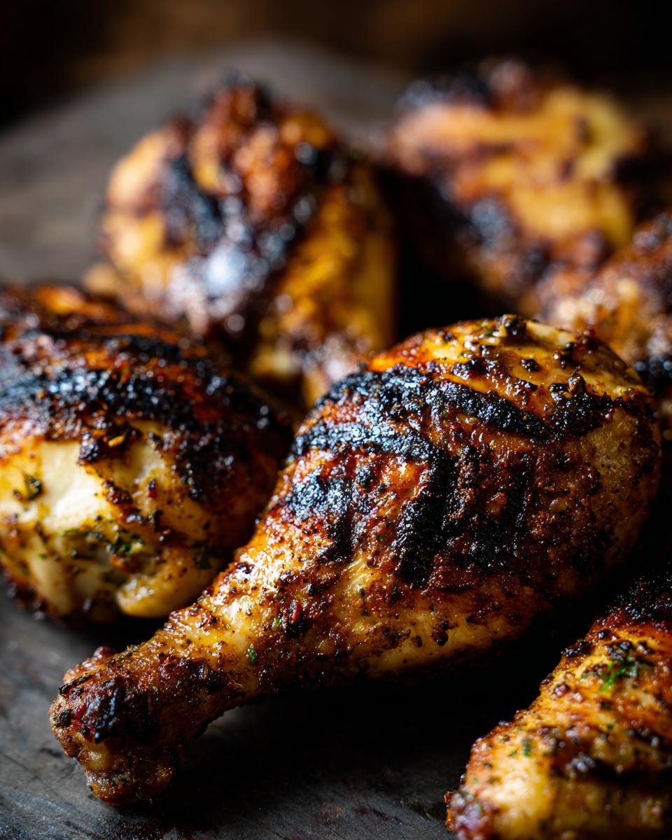 Close-up of grilled lemon garlic drumsticks with char marks and herbs, perfect for cookouts.