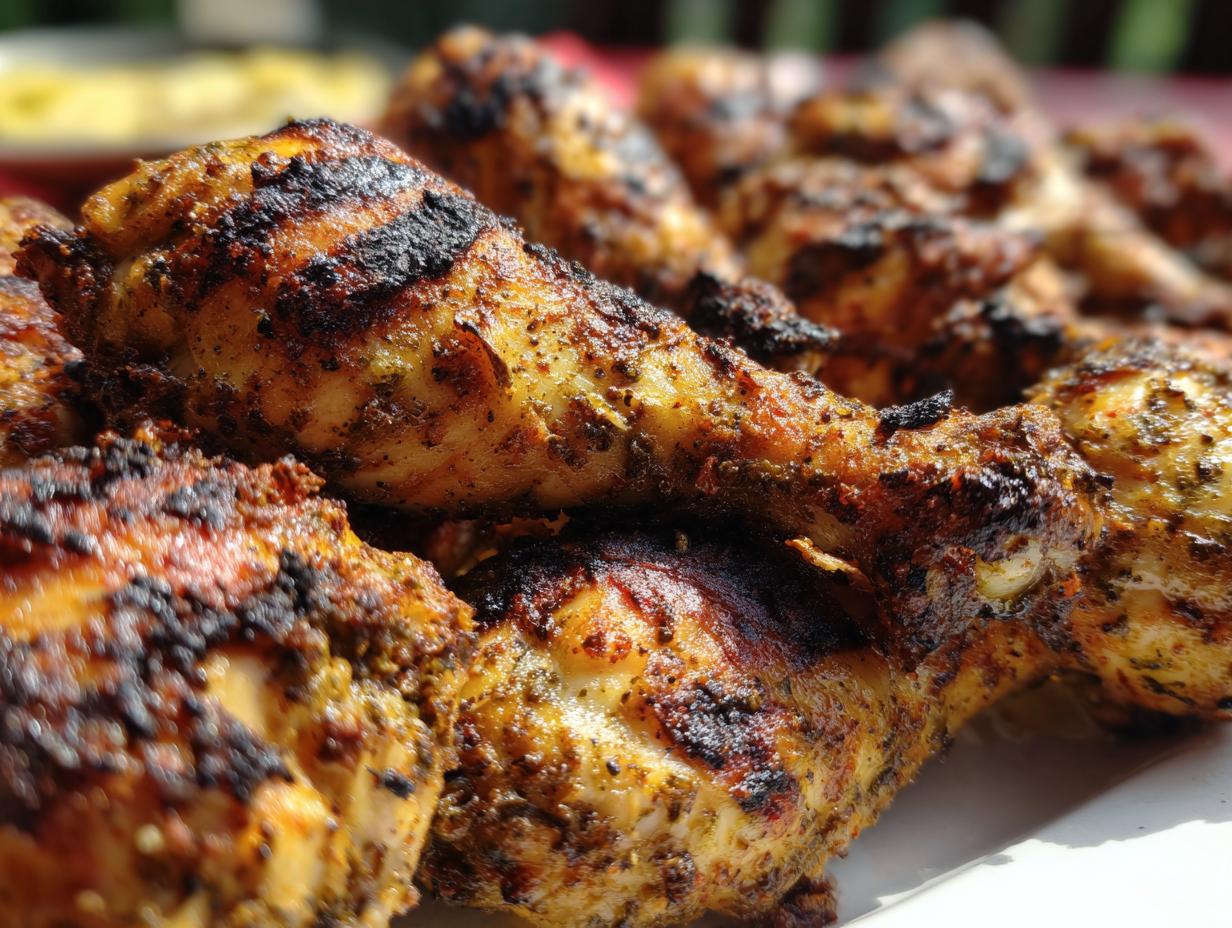 Close-up of perfectly grilled lemon garlic drumsticks, showcasing charred grill marks and seasoned skin, ready for a family cookout.
