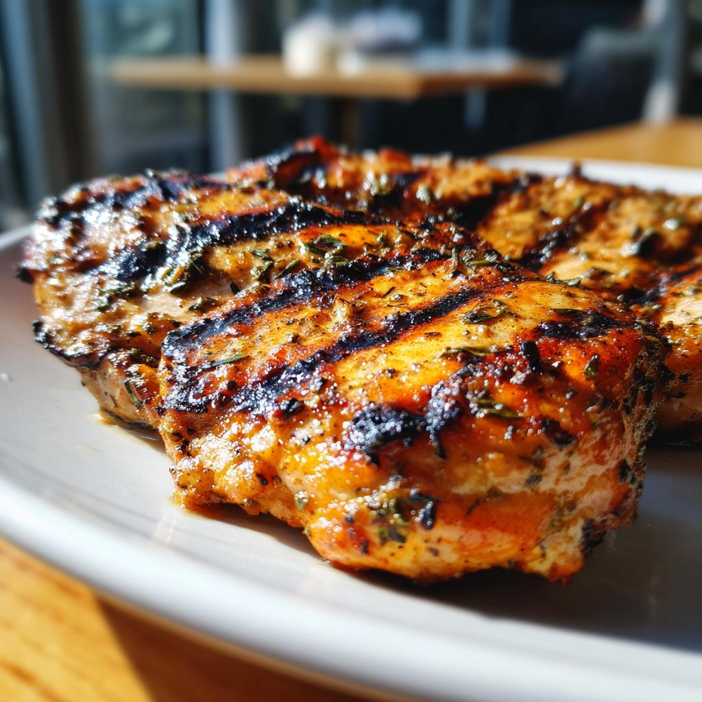 Close-up of juicy lemon herb grilled chicken breast with grill marks on a white plate.