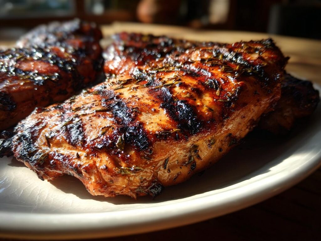 Close-up of perfectly grilled lemon herb chicken breasts with char marks and visible herbs on a plate.