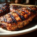 Close-up of perfectly grilled lemon herb chicken breasts with char marks and visible herbs on a plate.