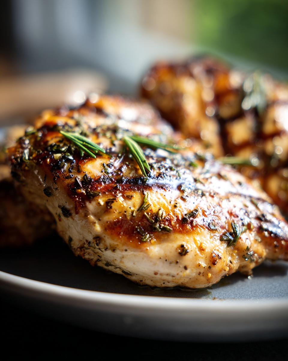 Close-up of a juicy lemon herb grilled chicken breast seasoned with rosemary and other herbs.