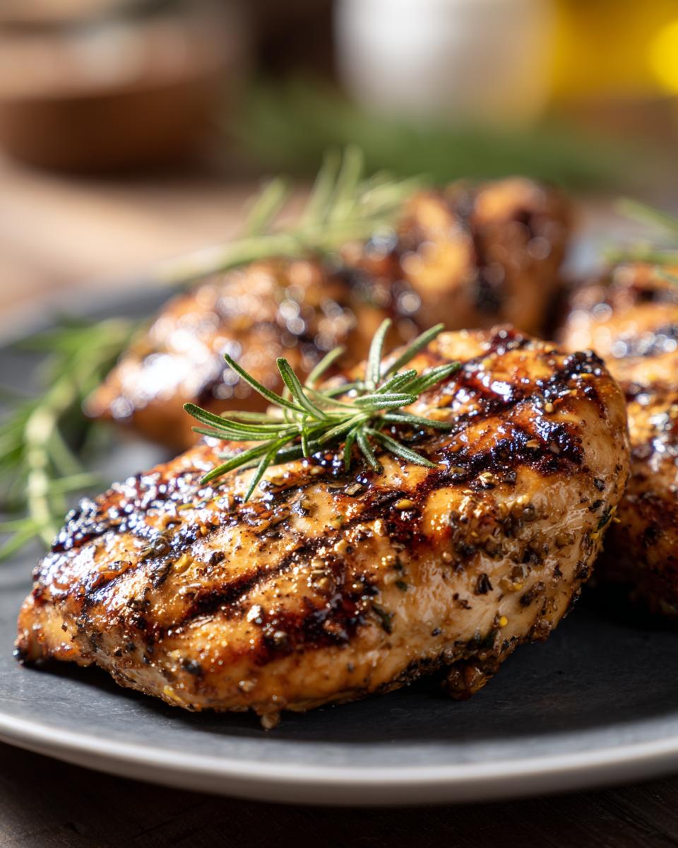 Close-up of grilled chicken breast with lemon and herb seasoning, garnished with rosemary.
