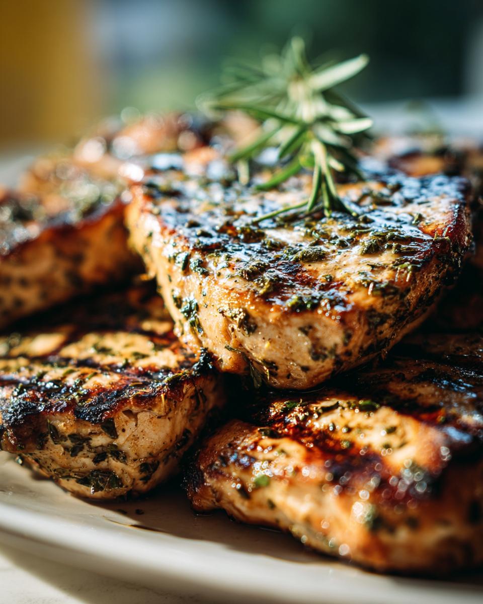 Close-up of perfectly grilled lemon herb chicken breasts, seasoned with fresh herbs and showing grill marks.