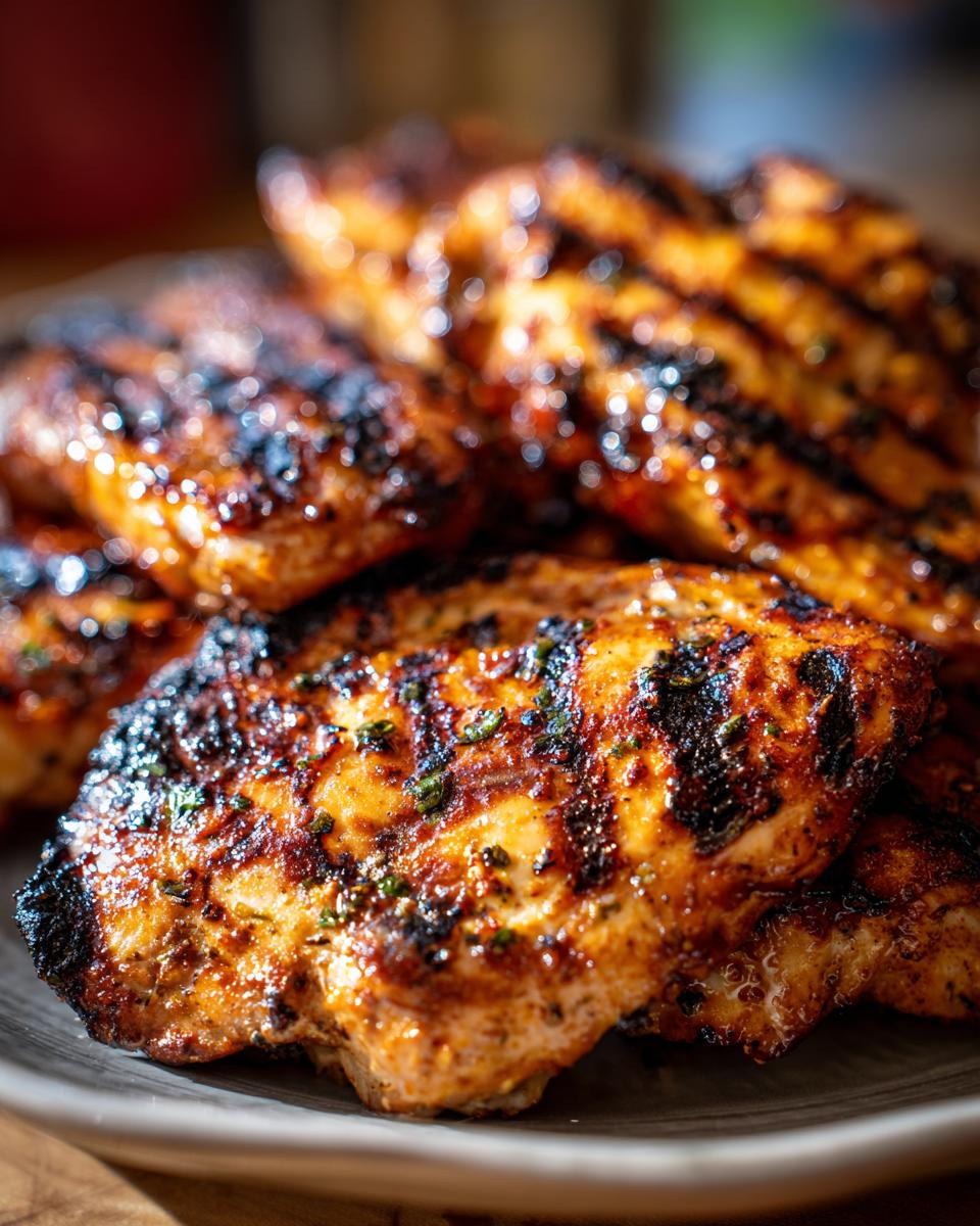 Close-up of perfectly grilled chicken breasts with char marks and herbs, part of a Lemon Herb Grilled Chicken Plates recipe.