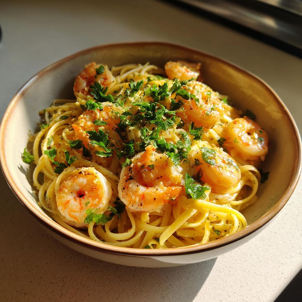 A close-up of a bowl of lemon shrimp linguine pasta, topped with fresh parsley and sprinkled with Parmesan cheese.
