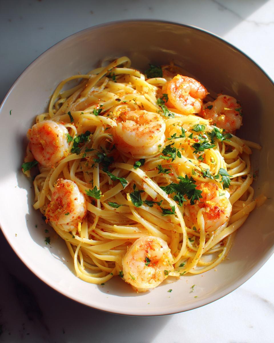 A bowl of Lemon Shrimp Linguine pasta, topped with plump shrimp and fresh parsley.