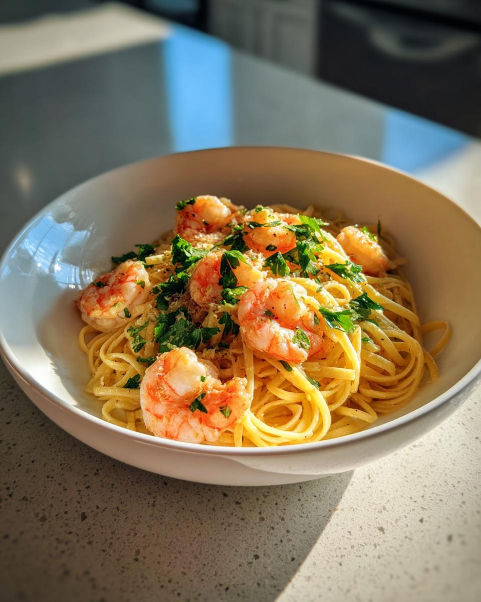 A bowl of lemon shrimp linguine pasta with fresh parsley and grated cheese, perfect for summer evenings.