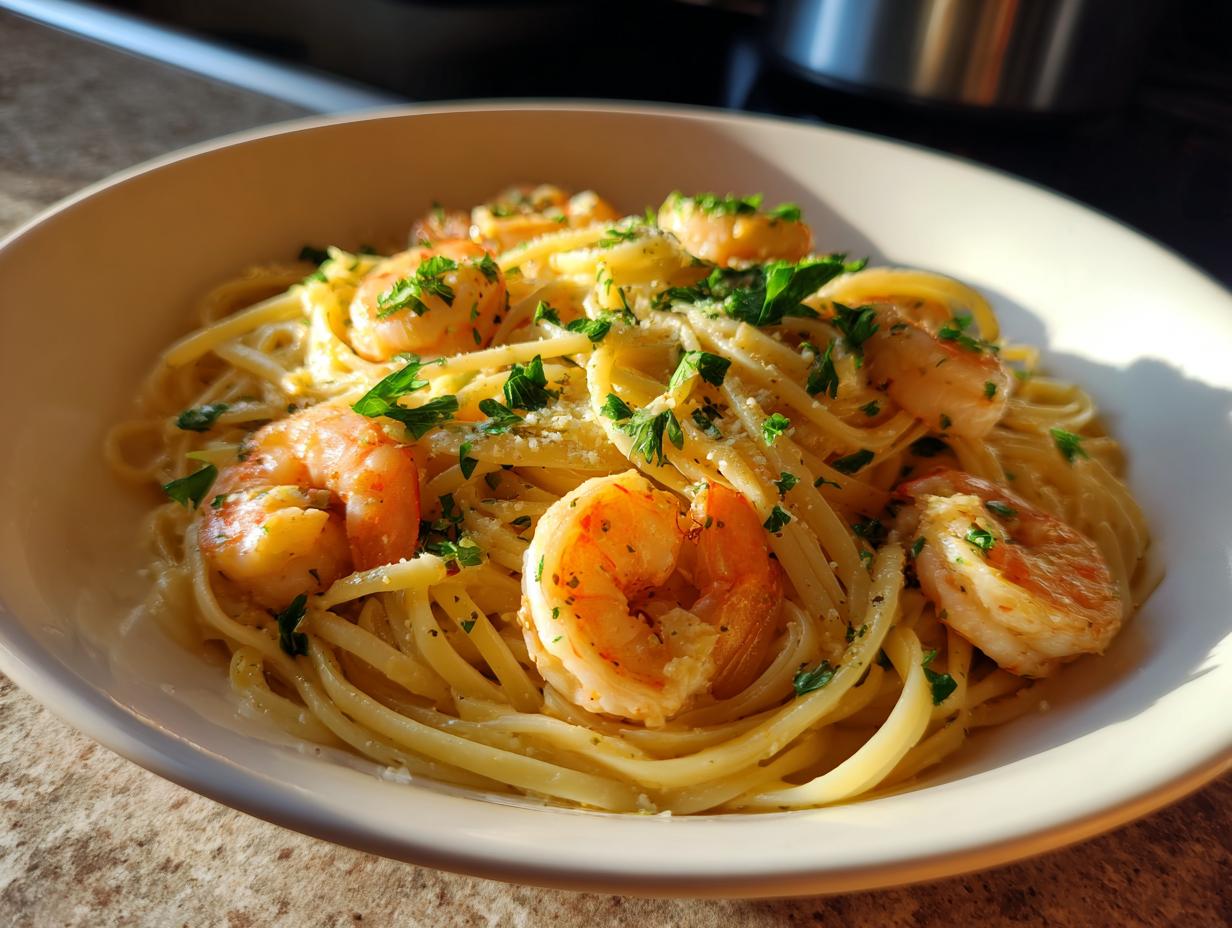 A close-up of a bowl of Lemon Shrimp Linguine pasta, featuring plump shrimp and fresh parsley.