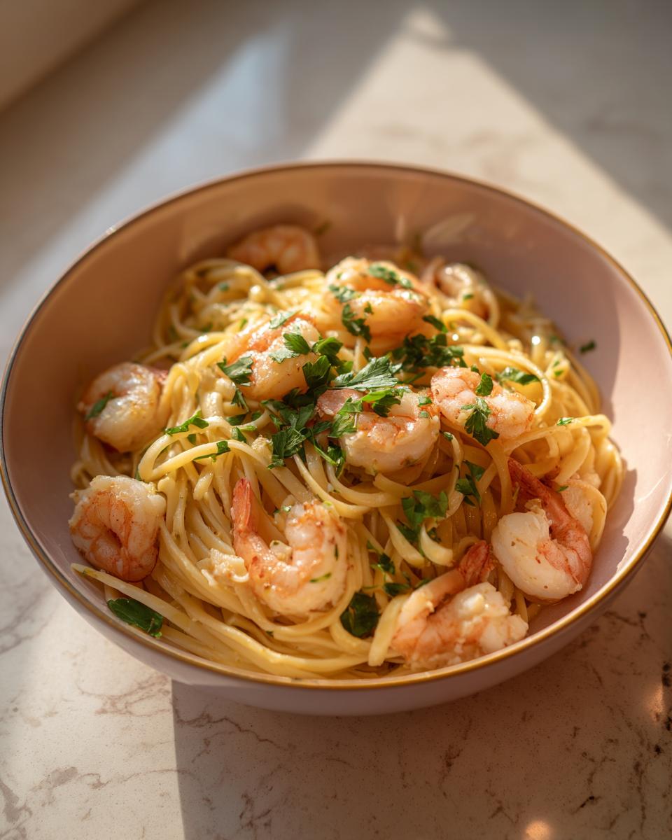 A close-up of a bowl of Lemon Shrimp Linguine pasta, garnished with fresh parsley, perfect for summer evenings.