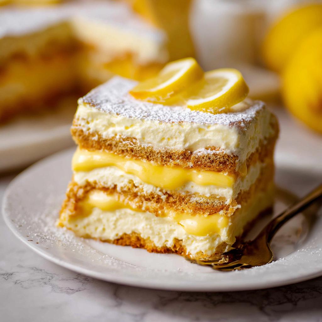 A slice of bright Lemon Tiramisu layered with creamy mascarpone and lemon curd, topped with lemon slices and powdered sugar.