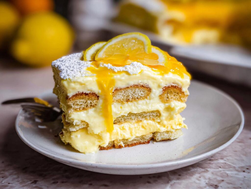 A decadent slice of Lemon Tiramisu, layered with ladyfingers and creamy lemon filling, topped with lemon slices and powdered sugar.