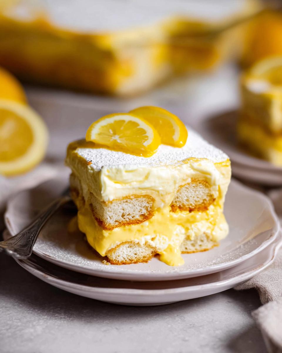 A decadent slice of Lemon Tiramisu, layered with ladyfingers and creamy lemon filling, topped with lemon slices and powdered sugar.
