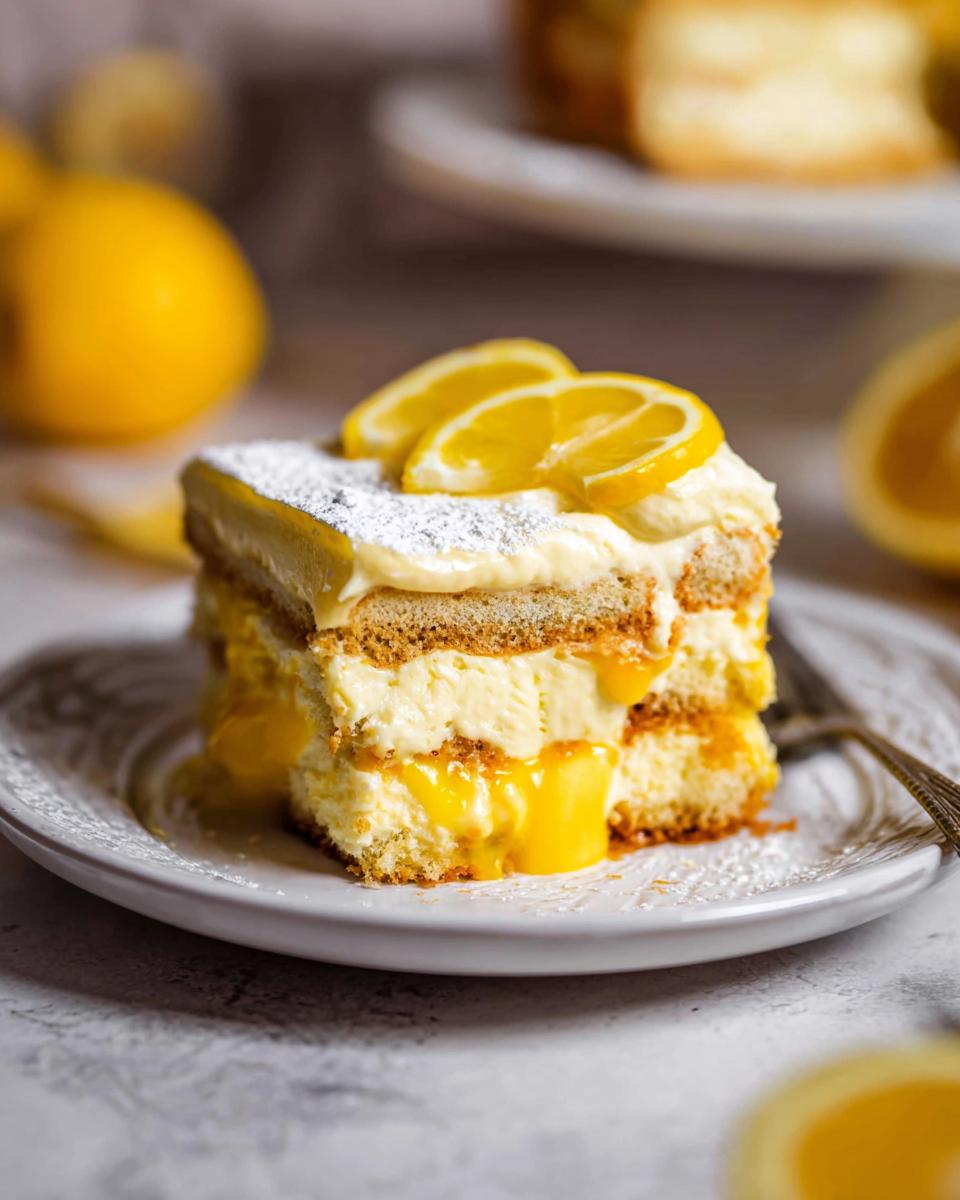 A decadent slice of Lemon Tiramisu, layered with creamy filling and topped with lemon slices and powdered sugar.