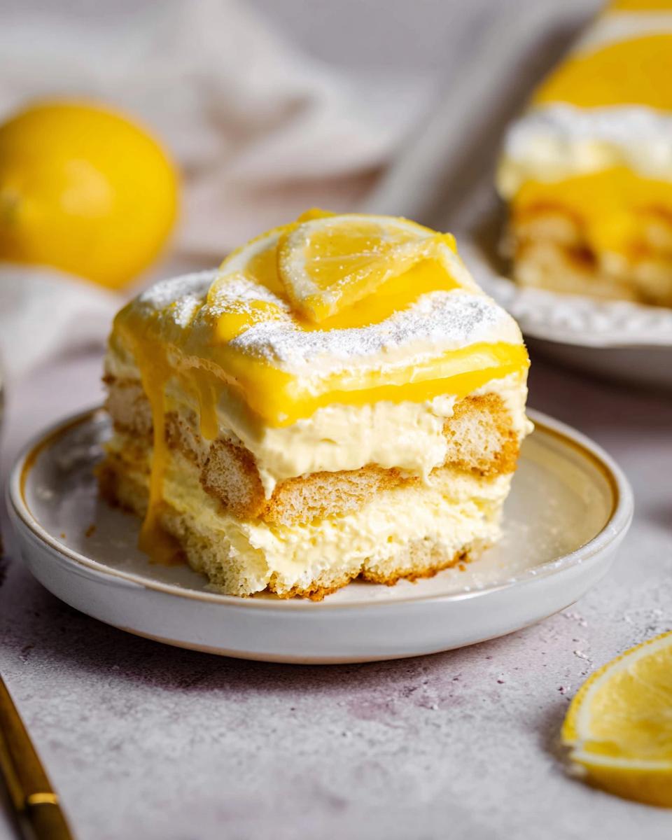 A refreshing slice of Lemon Tiramisu, layered with ladyfingers, creamy mascarpone, and bright lemon curd, topped with powdered sugar and lemon slices.