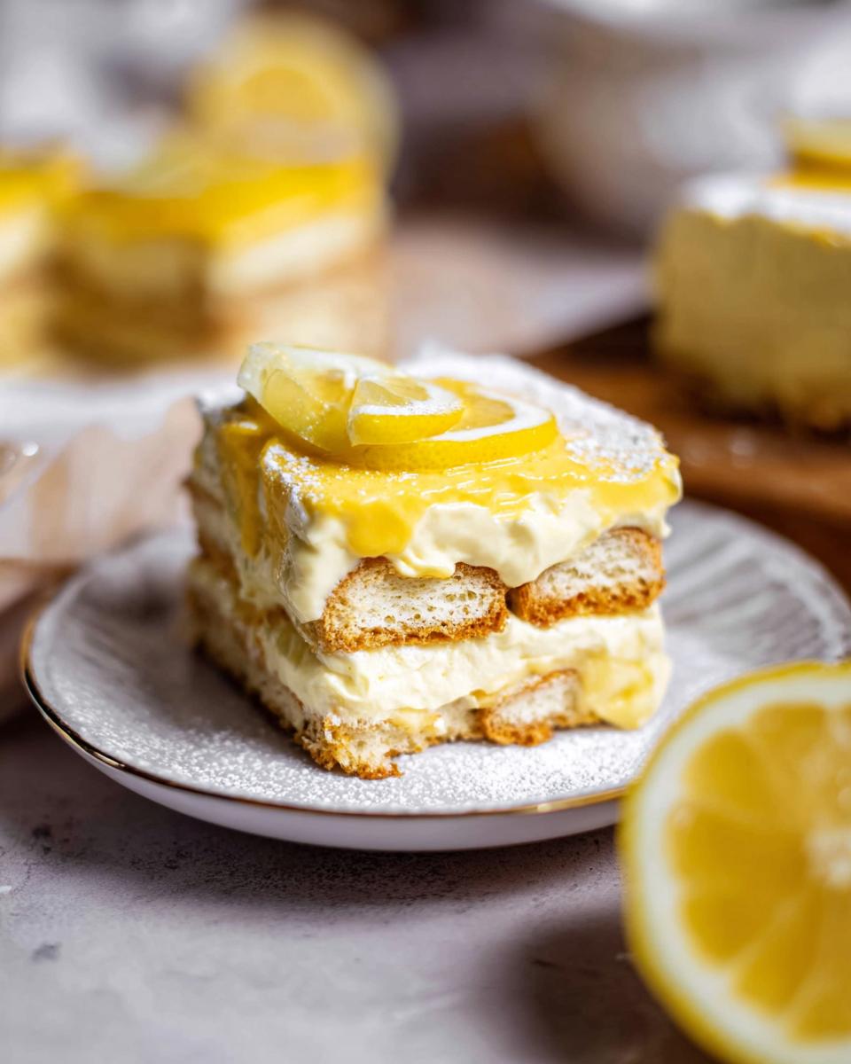A slice of bright Lemon Tiramisu, layered with ladyfingers and cream, topped with lemon curd and lemon slices.