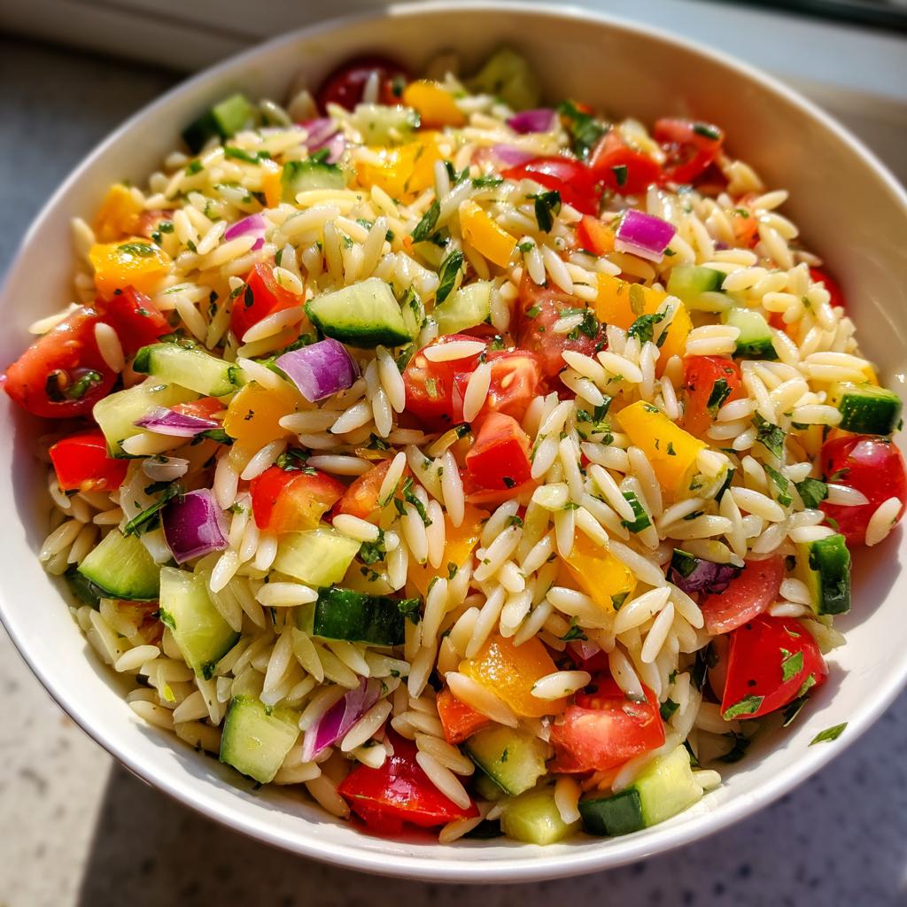 A vibrant bowl of lemony orzo salad with fresh chopped tomatoes, cucumbers, bell peppers, and red onion.
