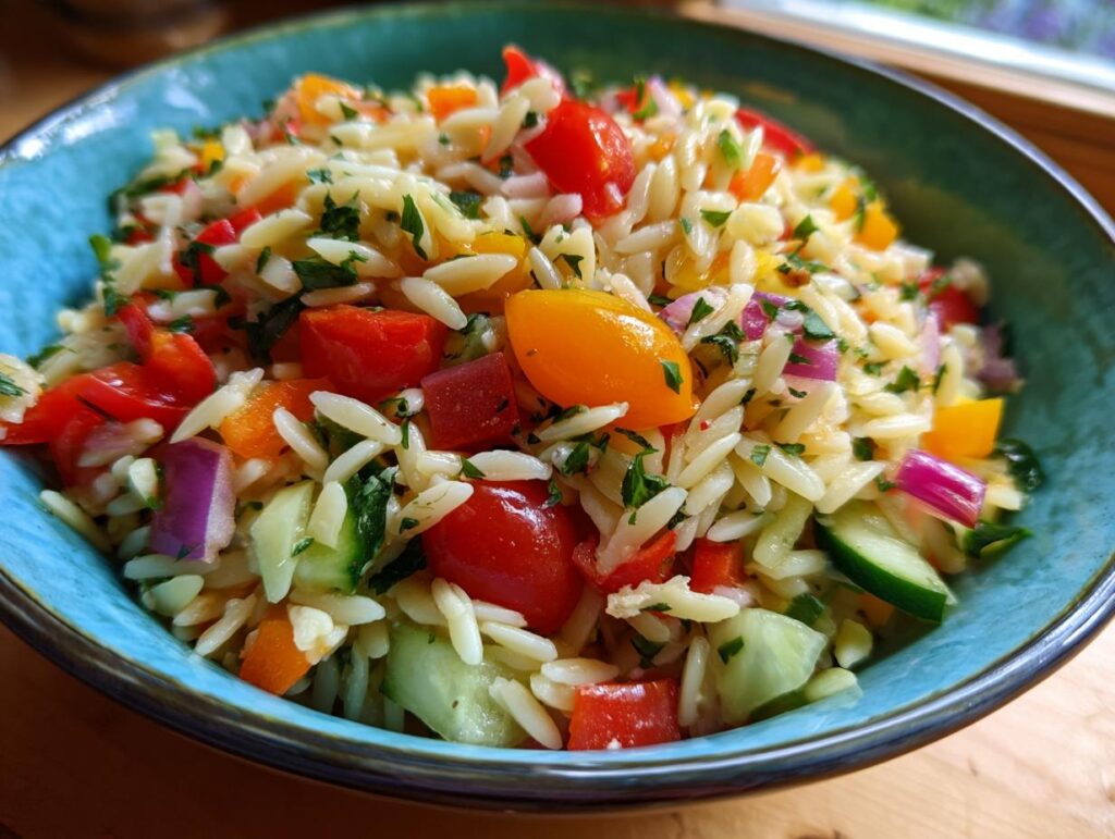 A vibrant bowl of lemony orzo salad with fresh chopped tomatoes, cucumber, red onion, and bell peppers.