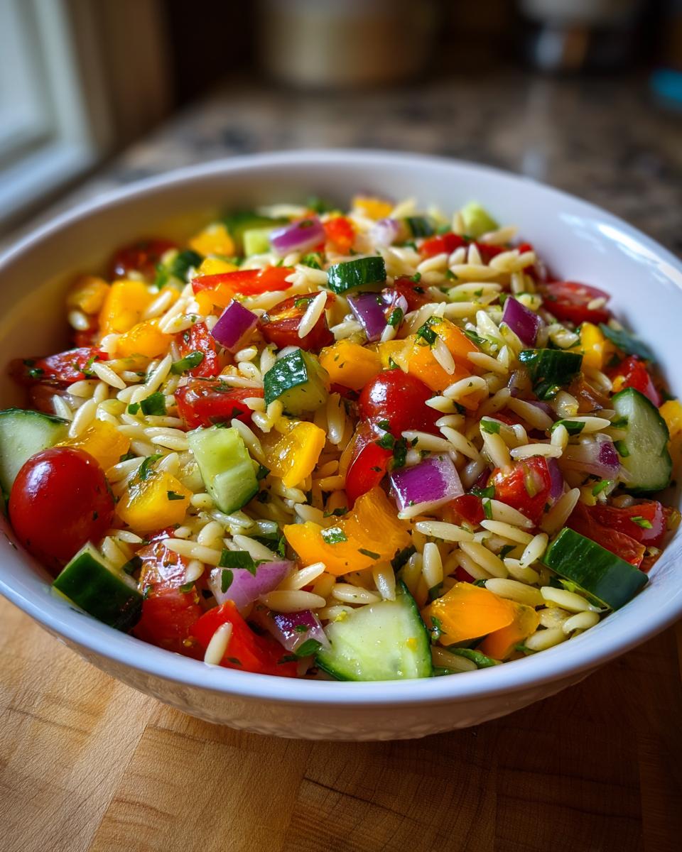 A bowl of lemony orzo salad with fresh chopped vegetables including tomatoes, cucumbers, bell peppers, and red onion.