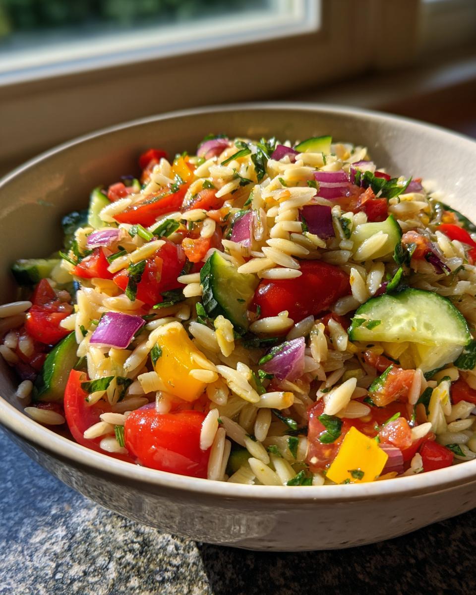 A bowl of lemony orzo salad with fresh veggies including tomatoes, cucumbers, red onion, and bell peppers.