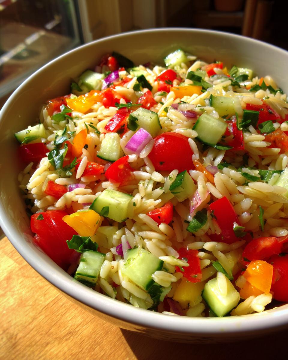 A close-up of a bowl of lemony orzo salad with fresh chopped vegetables like tomatoes, cucumbers, bell peppers, and red onion.