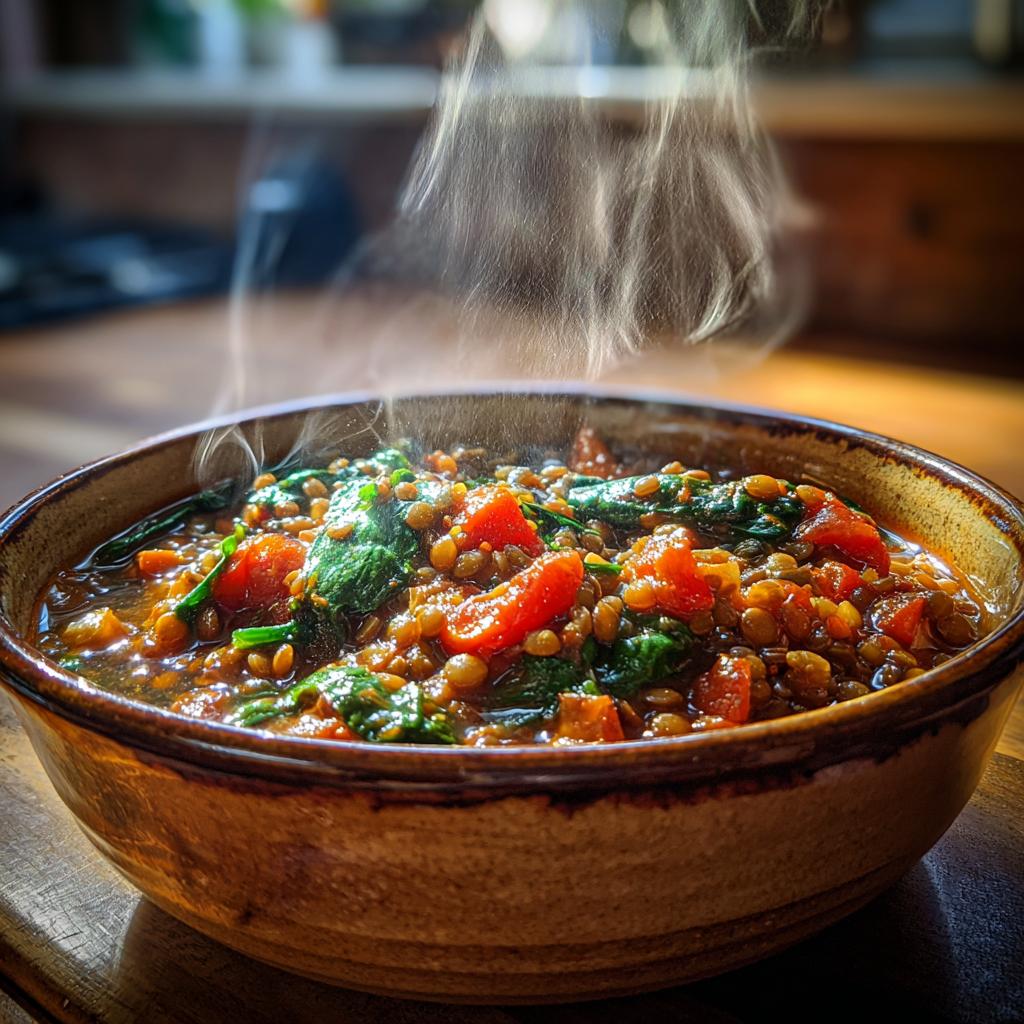 A close-up of a steaming bowl of lentil vegetable soup with spinach and tomatoes, perfect for meal prep.