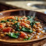 Close-up of a steaming bowl of lentil vegetable soup with tomatoes and spinach, perfect for meal prep.