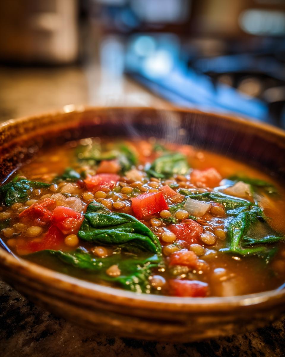 A steaming bowl of lentil vegetable soup, featuring lentils, tomatoes, spinach, and onions, perfect for meal prep.