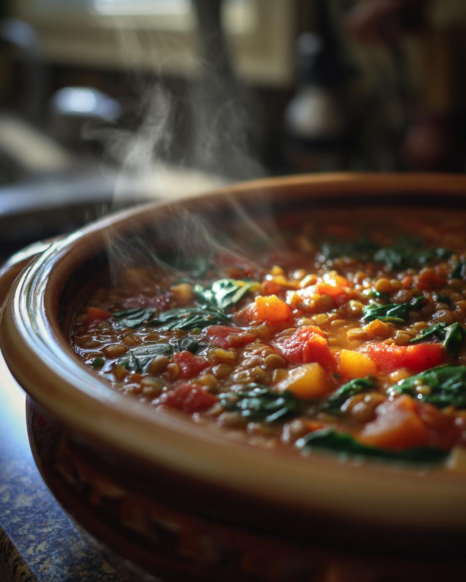 Close-up of a steaming bowl of lentil vegetable soup, featuring lentils, tomatoes, and spinach.