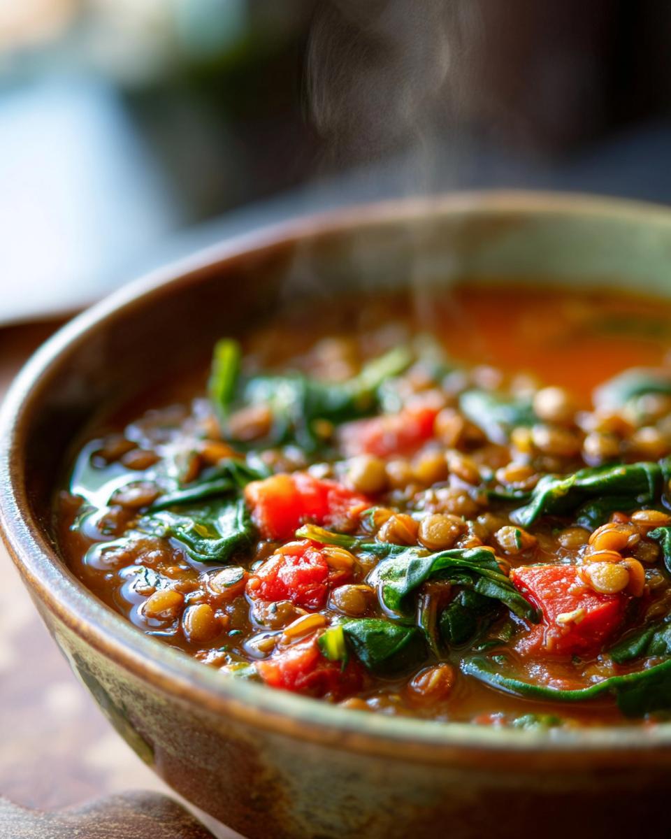 A steaming bowl of lentil vegetable soup with spinach and tomatoes, perfect for meal prep.
