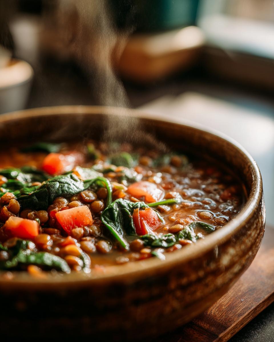 A close-up of a rustic wooden bowl filled with steaming lentil vegetable soup, featuring lentils, spinach, and tomatoes.