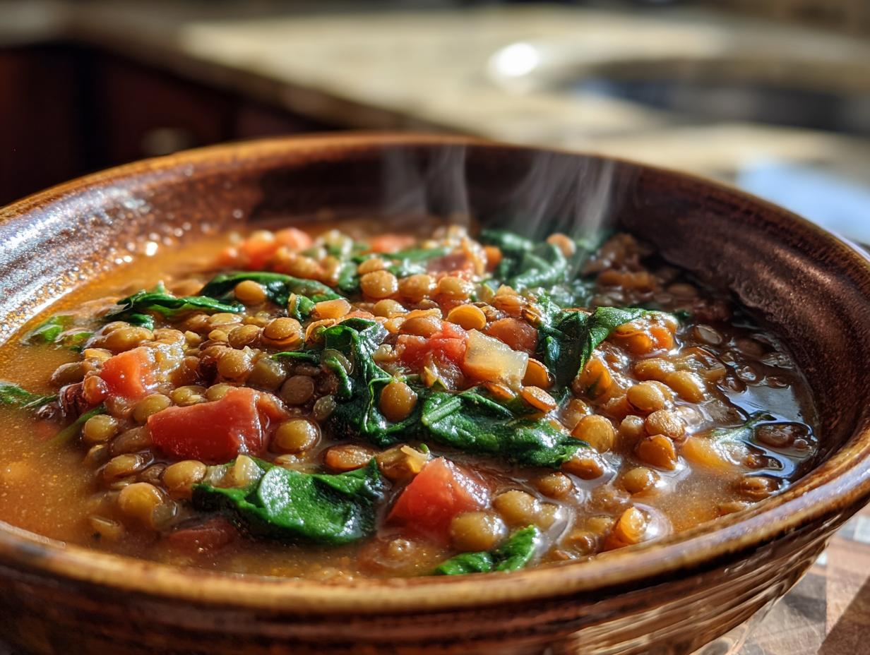Close-up of a steaming bowl of lentil vegetable soup with tomatoes and spinach, perfect for meal prep.