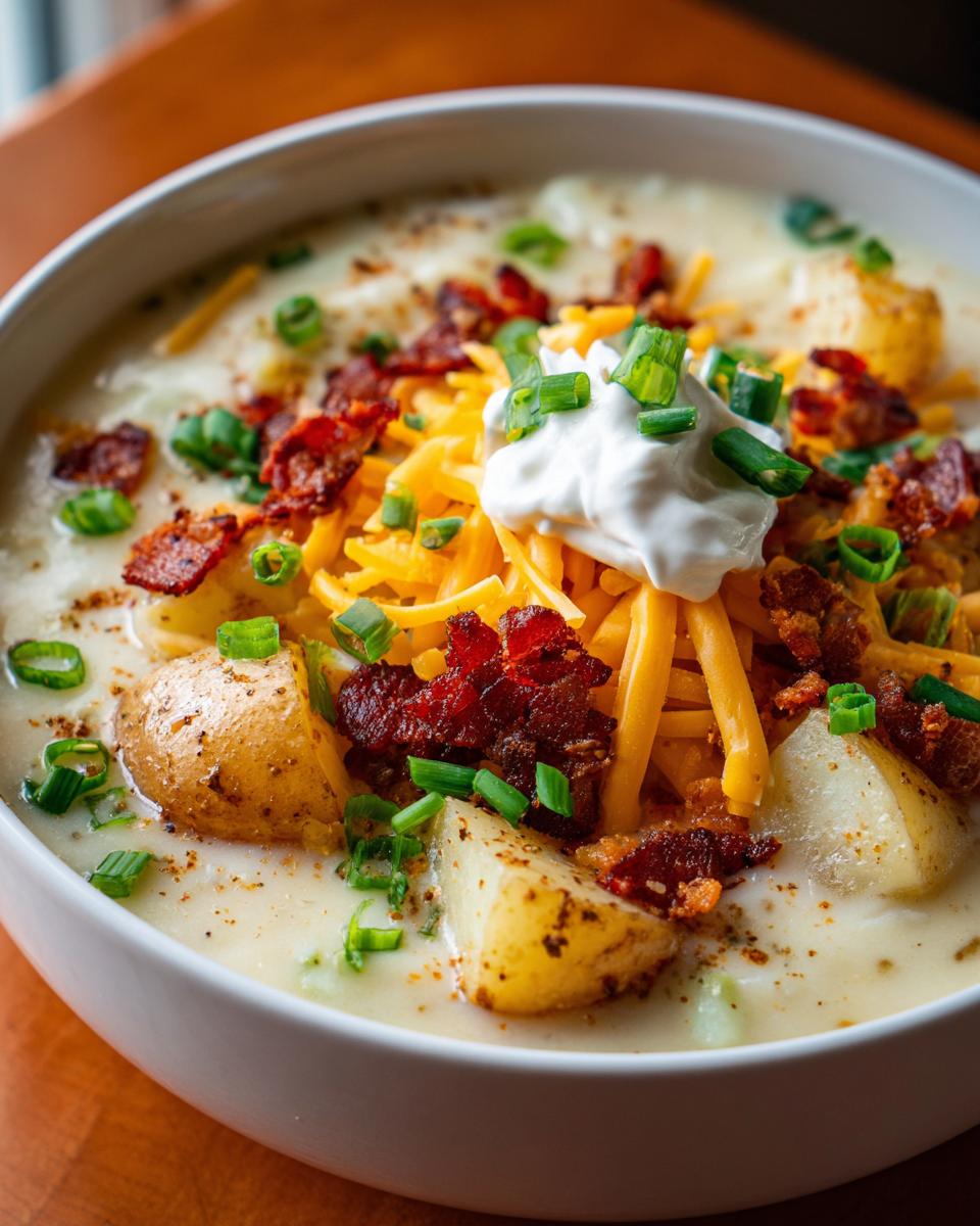 A hearty bowl of loaded baked potato soup, topped with cheese, bacon, sour cream, and chives. Perfect for slow cooker recipes.