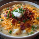 A hearty bowl of slow cooker loaded baked potato soup, topped with shredded cheese, crispy bacon, green onions, and sour cream.
