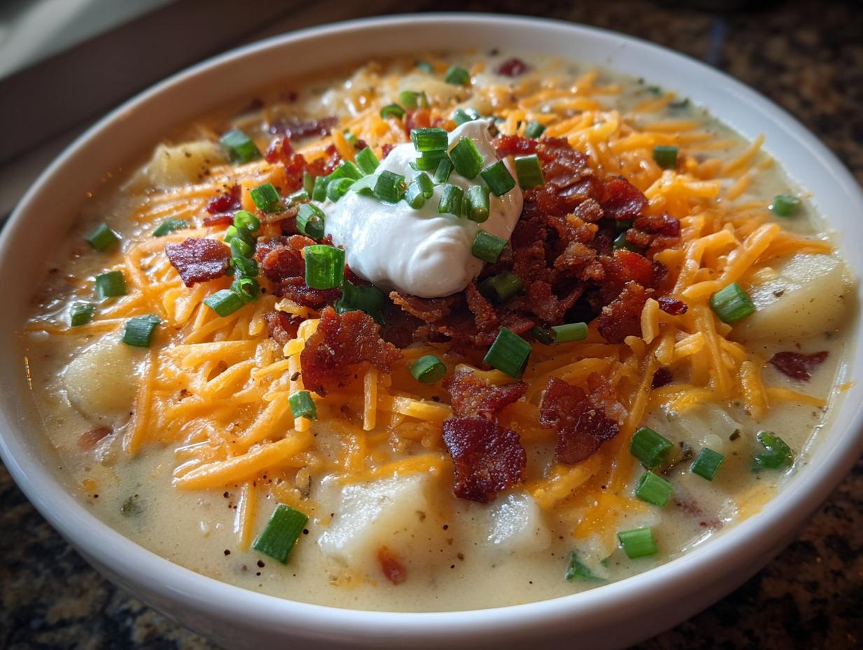 A hearty bowl of slow cooker loaded baked potato soup, topped with shredded cheese, crispy bacon, green onions, and sour cream.
