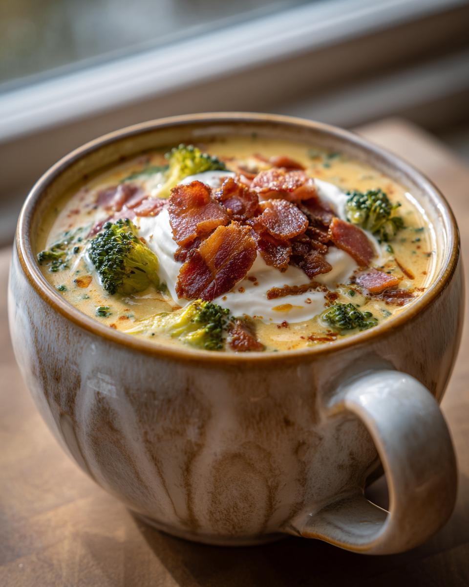 A comforting bowl of loaded broccoli cheddar soup topped with sour cream and crispy bacon.