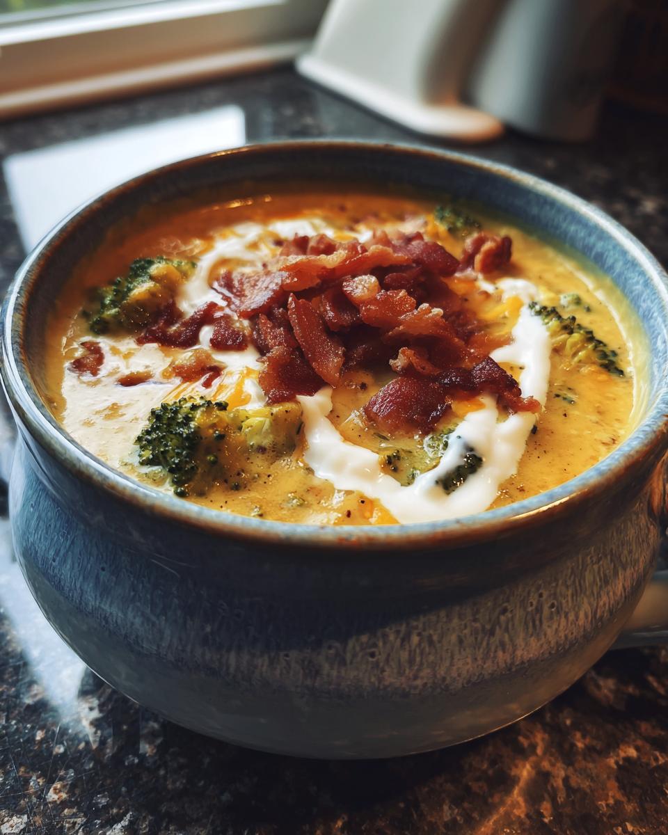 A hearty bowl of loaded broccoli cheddar soup topped with bacon and a swirl of cream.
