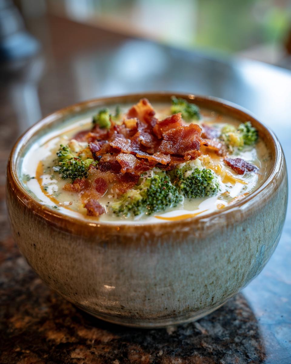 A close-up of a bowl of loaded broccoli cheddar soup topped with crispy bacon and shredded cheese.