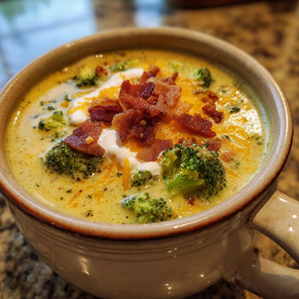 A comforting bowl of loaded broccoli cheddar soup, topped with sour cream, shredded cheese, and crispy bacon.