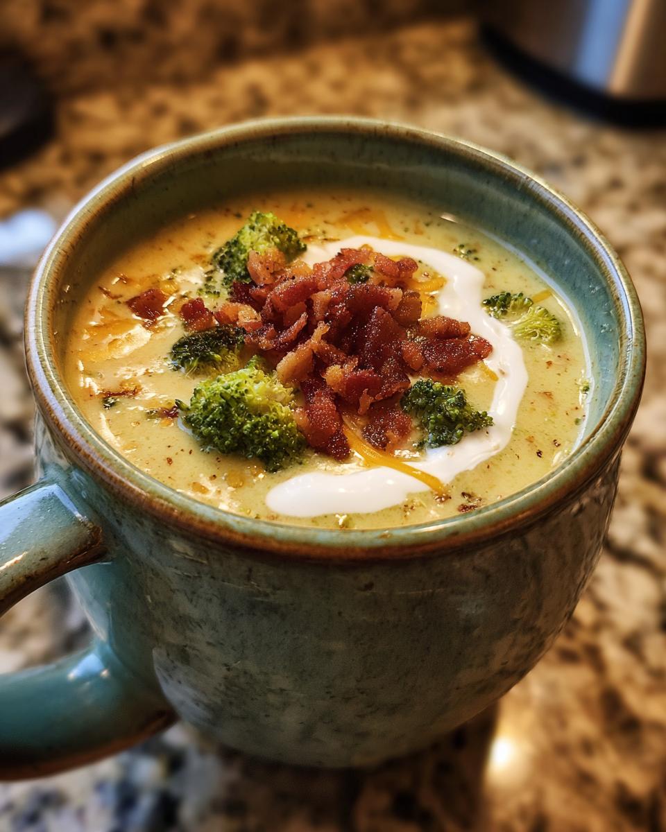 A close-up of a bowl of loaded broccoli cheddar soup topped with bacon, cheese, and a swirl of cream.
